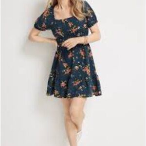 Maurices Navy Floral Square-Neck Mini Dress with Pink & Coral Blooms